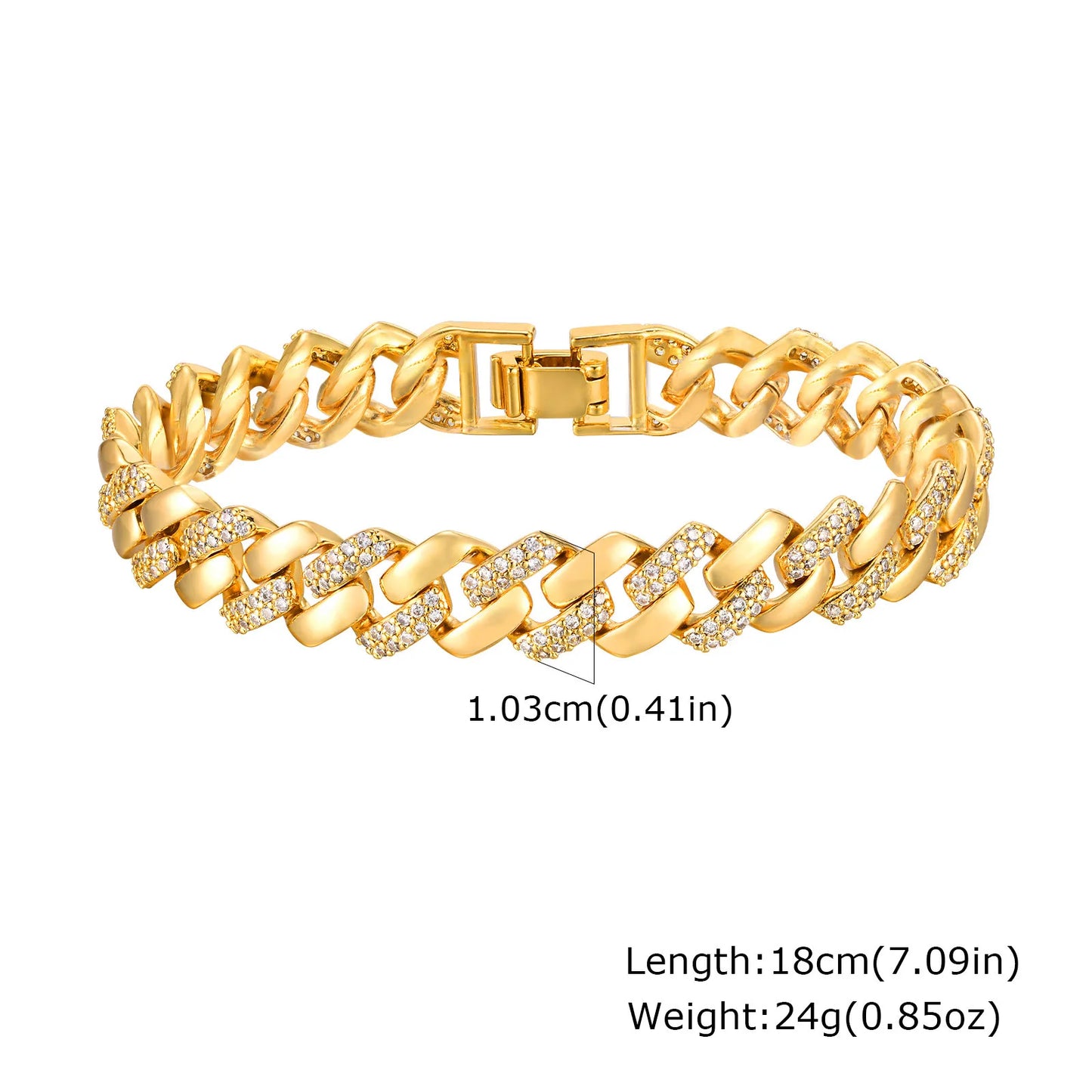 Bracelet Chaîne Trombone Plaqué Or 14K – Zircone Cubique, Réglable & Empilable