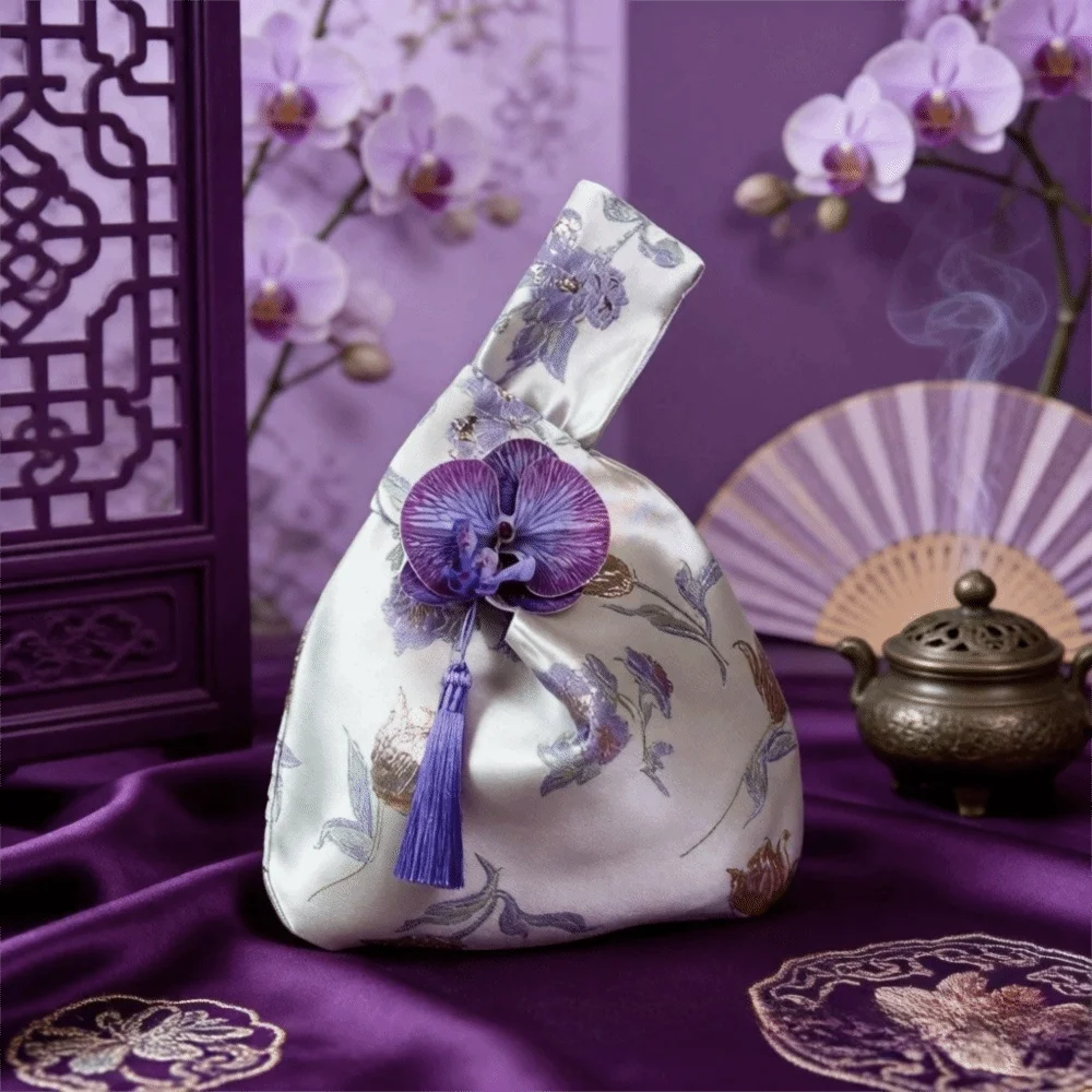 Pochette Poignet Brodée à Pompons – Style Hanfu Élégant
