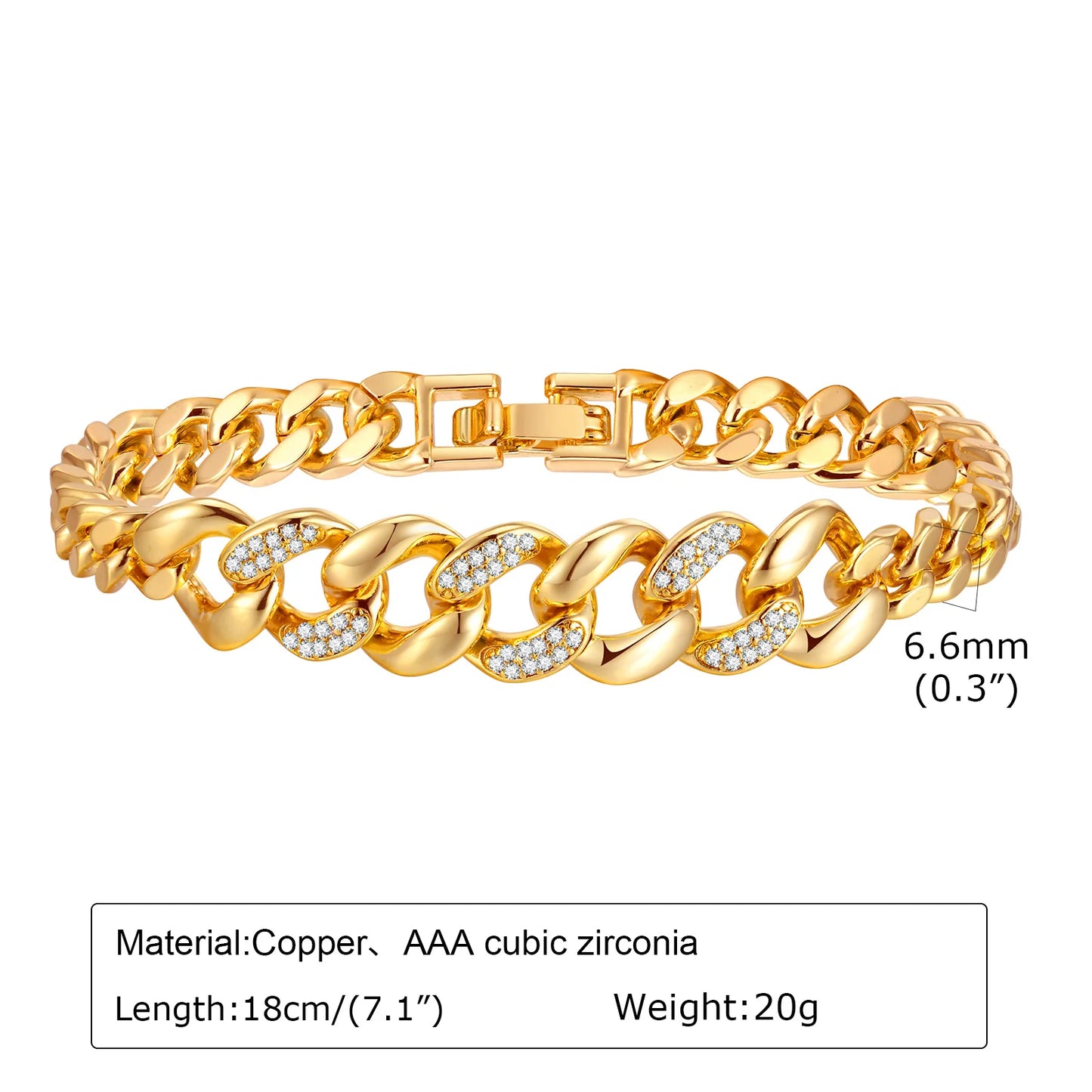 Bracelet Chaîne Trombone Plaqué Or 14K – Zircone Cubique, Réglable & Empilable