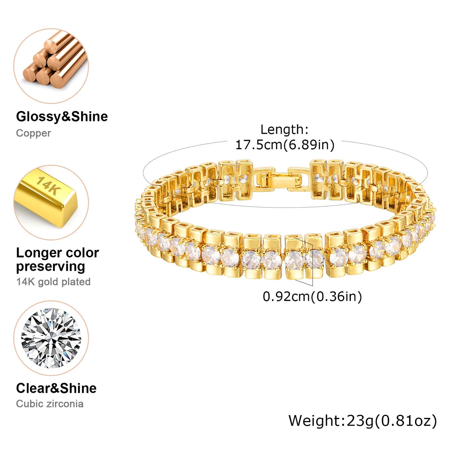 Bracelet Chaîne Trombone Plaqué Or 14K – Zircone Cubique, Réglable & Empilable