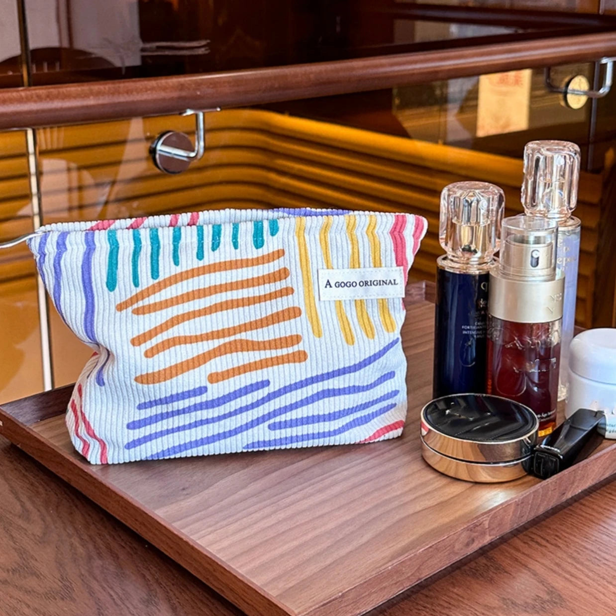Trousse de Maquillage en Velours Côtelé – Grande Capacité