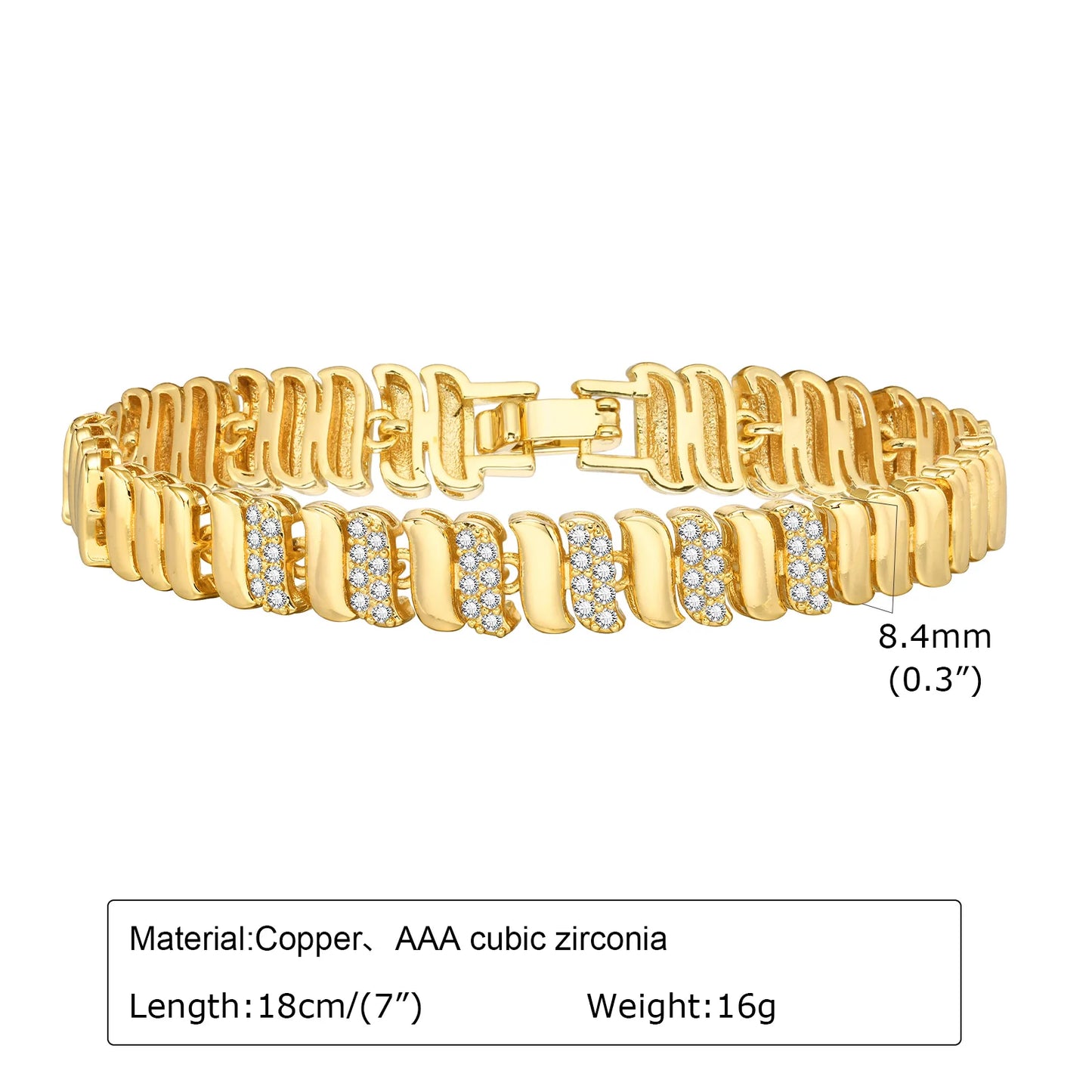 Bracelet Chaîne Trombone Plaqué Or 14K – Zircone Cubique, Réglable & Empilable