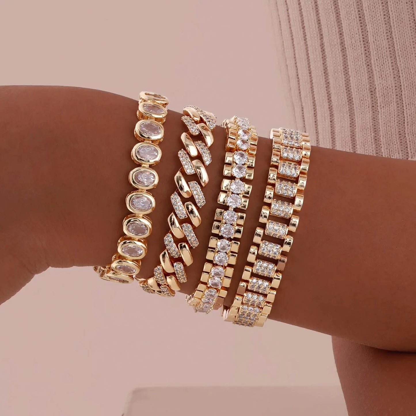 Bracelet Chaîne Trombone Plaqué Or 14K – Zircone Cubique, Réglable & Empilable