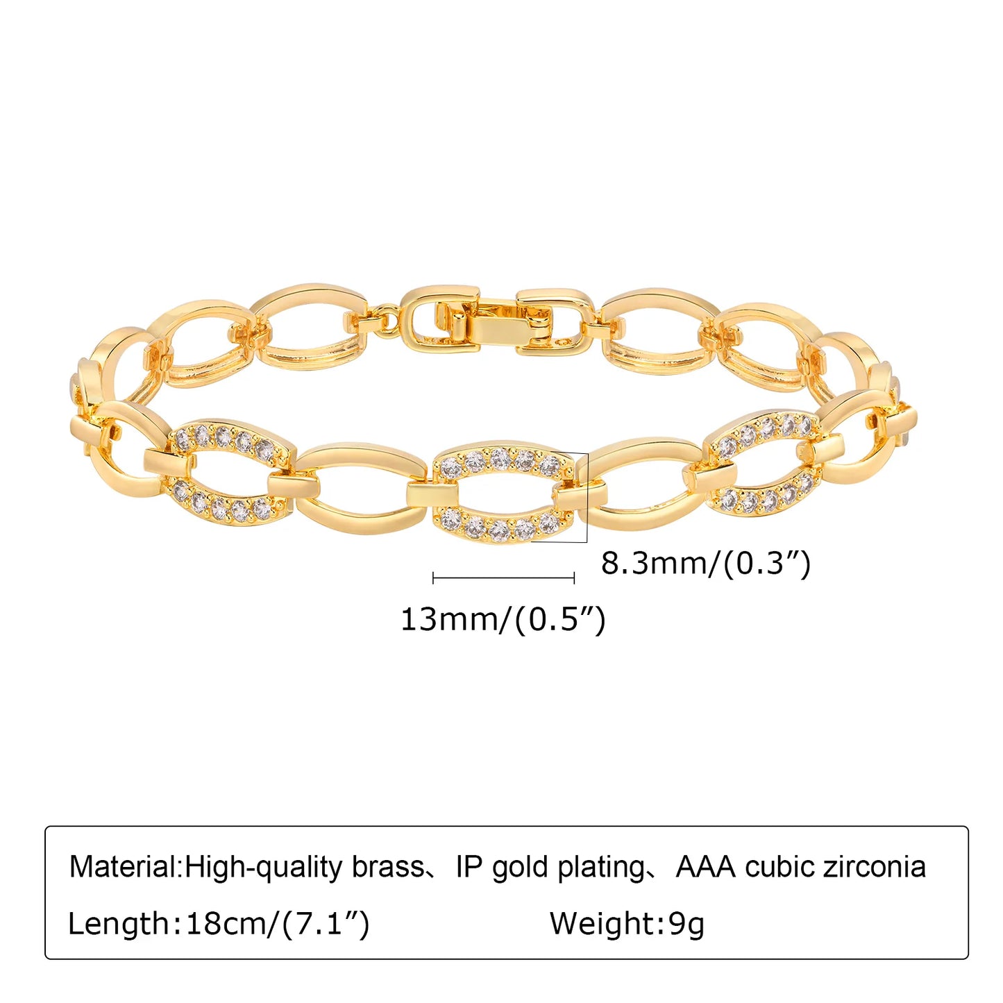 Bracelet Chaîne Trombone Plaqué Or 14K – Zircone Cubique, Réglable & Empilable