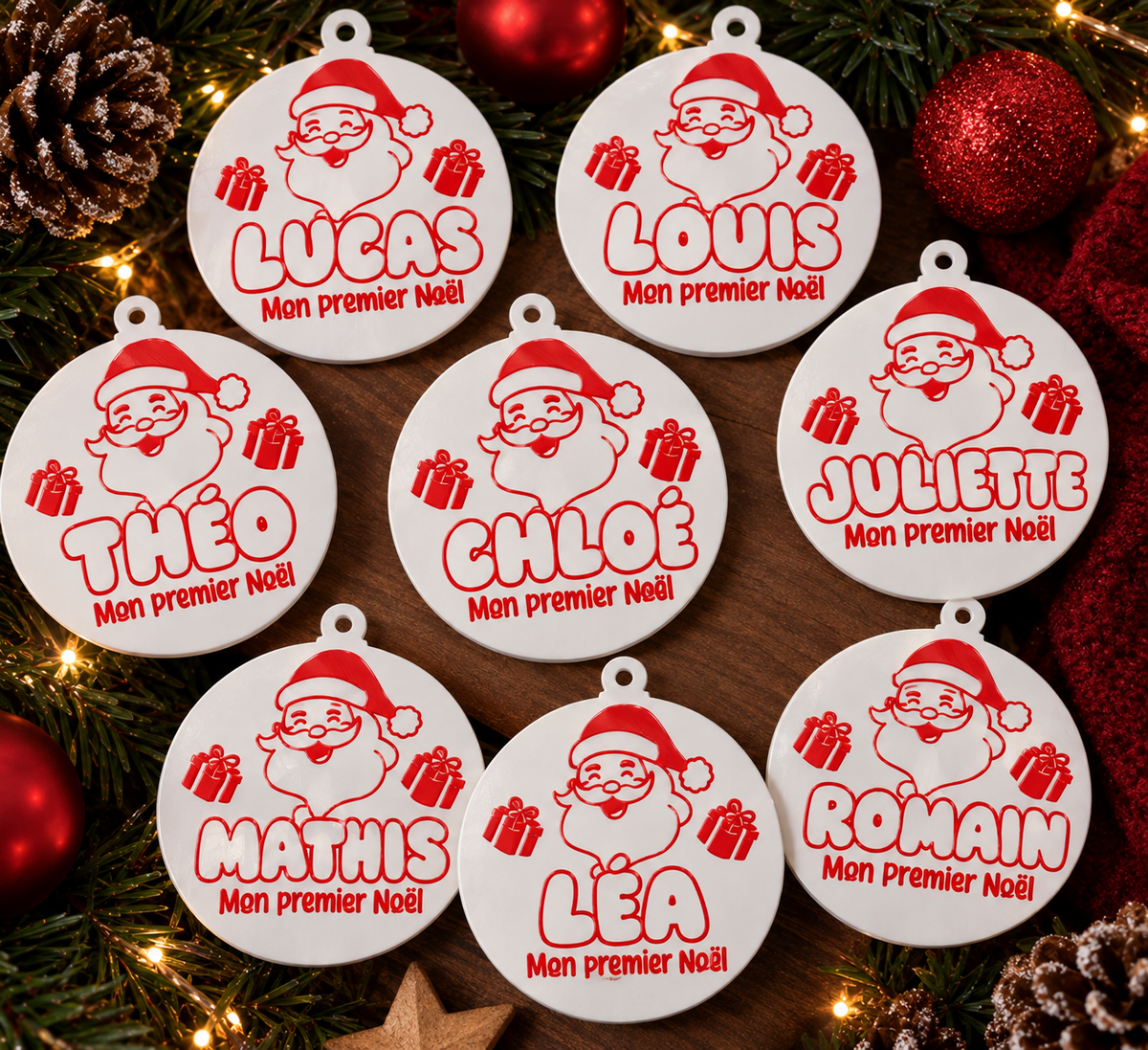Boule de Noël Personnalisée – Prénom & Père Noël | Premier Noël Bébé