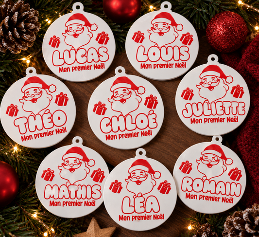 Boule de Noël Personnalisée – Prénom & Père Noël | Premier Noël Bébé